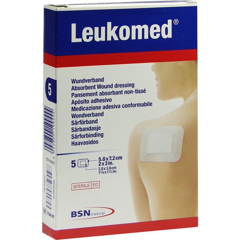 Eine Packung Leukomed Wundverband mit Bild eines Verbandes auf einer Schulter.