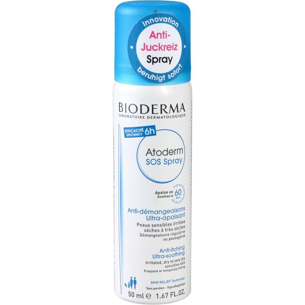 Ein weißes Spray von Bioderma gegen Juckreiz mit blauem Deckel.